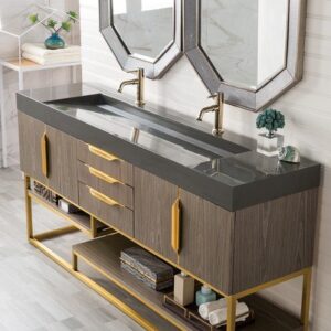 James Martin 388-V72D-AGR-RG-GW Columbia 72 Inch Double Vanity in Ash Gray, Radiant Gold with Glossy White Solid Surface Top