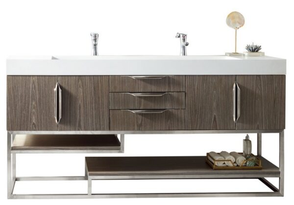 James Martin 388-V72D-AGR-BN-GW Columbia 72 Inch Double Vanity in Ash Gray with Glossy White Solid Surface Top