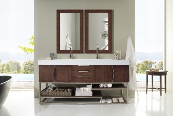 James Martin 388-V72D-CFO-BN-GW Columbia 72 Inch Double Vanity in Coffee Oak with Glossy White Solid Surface Top