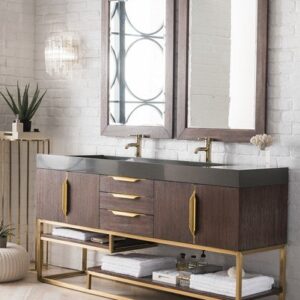 James Martin 388-V72D-CFO-RG-GW Columbia 72 Inch Double Vanity in Coffee Oak, Radiant Gold with Glossy White Solid Surface Top