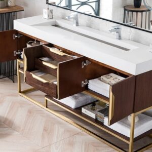 James Martin 388-V72D-CFO-RG-GW Columbia 72 Inch Double Vanity in Coffee Oak, Radiant Gold with Glossy White Solid Surface Top