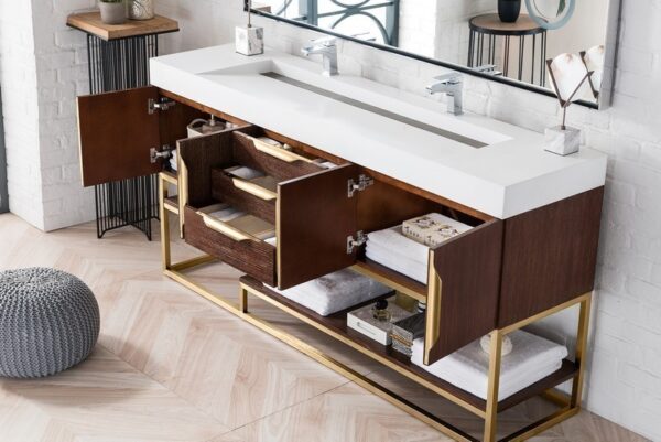 James Martin 388-V72D-CFO-RG-GW Columbia 72 Inch Double Vanity in Coffee Oak, Radiant Gold with Glossy White Solid Surface Top