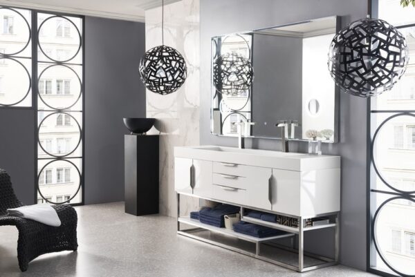 James Martin 388-V72D-GW-BN-GW Columbia 72 Inch Double Vanity in Glossy White with Glossy White Solid Surface Top