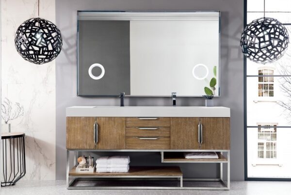 James Martin 388-V72D-LTO-BN-GW Columbia 72 Inch Double Vanity in Latte Oak with Glossy White Solid Surface Top