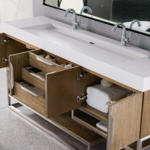 James Martin 388-V72D-LTO-BN-GW Columbia 72 Inch Double Vanity in Latte Oak with Glossy White Solid Surface Top