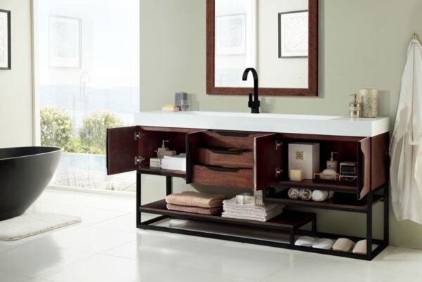 James Martin 388-V72S-CFO-MB-GW Columbia 72 1/2 Inch Single Vanity Cabinet with Glossy White Composite Top - Coffee Oak