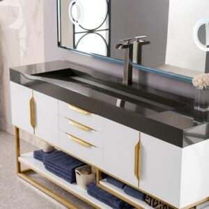 James Martin 388-V72S-GW-RG-DGG Columbia 72 Inch Single Vanity in Glossy White, Radiant Gold with Glossy Dark Gray Solid Surface Top