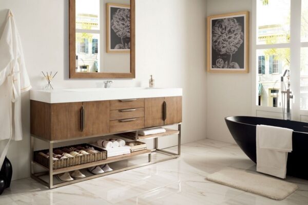 James Martin 388-V72S-LTO-BN-GW Columbia 72 Inch Single Vanity in Latte Oak with Glossy White Solid Surface Top