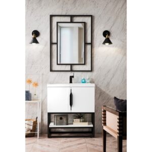 James Martin 388V31.5GWMBKWG Columbia 31.5 Inch Single Vanity Cabinet in Glossy White and Matte Black with White Glossy Composite Countertop