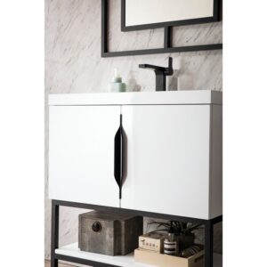 James Martin 388V31.5GWMBKWG Columbia 31.5 Inch Single Vanity Cabinet in Glossy White and Matte Black with White Glossy Composite Countertop