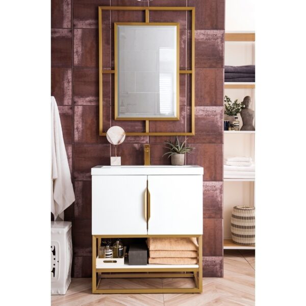 James Martin 388V31.5GWRGDWG Columbia 31.5 Inch Single Vanity Cabinet in Glossy White and Radiant Gold with White Glossy Composite Countertop