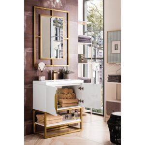 James Martin 388V31.5GWRGDWG Columbia 31.5 Inch Single Vanity Cabinet in Glossy White and Radiant Gold with White Glossy Composite Countertop