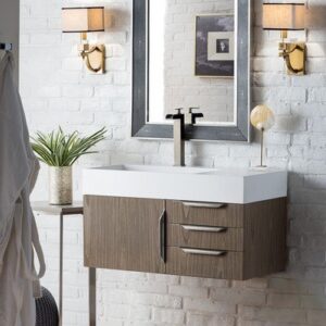 James Martin 389-V36-AGR-A-GW Mercer Island 36 Inch Single Vanity in Ash Gray with Glossy White Solid Surface Top