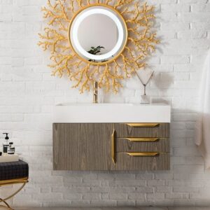 James Martin 389-V36-AGR-G-GW Mercer Island 36 Inch Single Vanity in Ash Gray, Radiant Gold with Glossy White Solid Surface Top