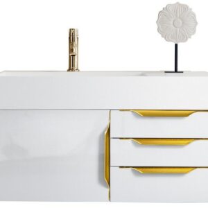 James Martin 389-V36-GW-G Mercer Island 36 Inch Single Vanity in Glossy White, Radiant Gold