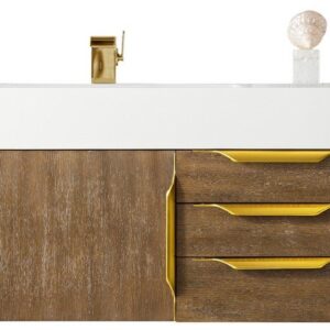 James Martin 389-V36-LTO-G-GW Mercer Island 36 Inch Single Vanity in Latte Oak, Radiant Gold with Glossy White Solid Surface Top