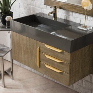 James Martin 389-V36-LTO-G-GW Mercer Island 36 Inch Single Vanity in Latte Oak, Radiant Gold with Glossy White Solid Surface Top