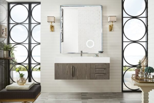 James Martin 389-V48-AGR-A-GW Mercer Island 48 Inch Single Vanity in Ash Gray with Glossy White Solid Surface Top