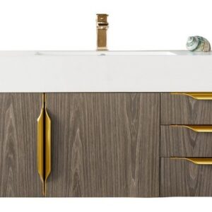 James Martin 389-V48-AGR-G-GW Mercer Island 48 Inch Single Vanity in Ash Gray, Radiant Gold with Glossy White Solid Surface Top