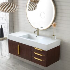 James Martin 389-V48-CFO-G-GW Mercer Island 48 Inch Single Vanity in Coffee Oak, Radiant Gold with Glossy White Solid Surface Top