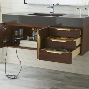 James Martin 389-V48-CFO-G-GW Mercer Island 48 Inch Single Vanity in Coffee Oak, Radiant Gold with Glossy White Solid Surface Top