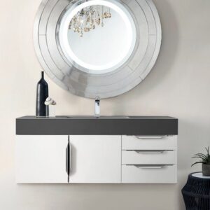 James Martin 389-V48-GW-A-DGG Mercer Island 48 Inch Single Vanity in Glossy White with Glossy Dark Gray Solid Surface Top