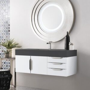 James Martin 389-V48-GW-A-DGG Mercer Island 48 Inch Single Vanity in Glossy White with Glossy Dark Gray Solid Surface Top