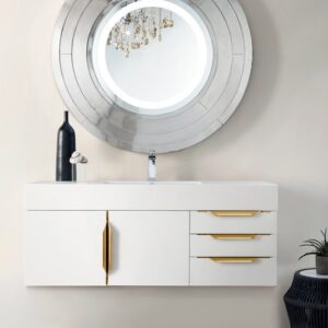 James Martin 389-V48-GW-G-GW Mercer Island 48 Inch Single Vanity in Glossy White, Radiant Gold with Glossy White Solid Surface Top