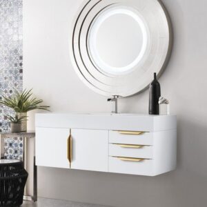 James Martin 389-V48-GW-G Mercer Island 48 Inch Single Vanity in Glossy White, Radiant Gold