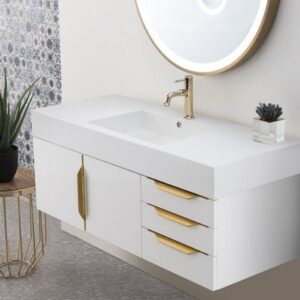 James Martin 389-V48-GW-G-GW Mercer Island 48 Inch Single Vanity in Glossy White, Radiant Gold with Glossy White Solid Surface Top