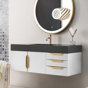 James Martin 389-V48-GW-G-GW Mercer Island 48 Inch Single Vanity in Glossy White, Radiant Gold with Glossy White Solid Surface Top