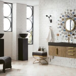 James Martin 389-V48-LTO-G-DGG Mercer Island 48 Inch Single Vanity in Latte Oak, Radiant Gold with Glossy Dark Gray Solid Surface Top