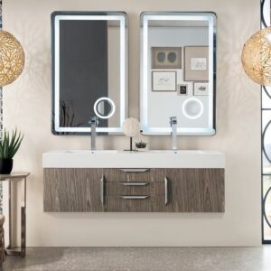 James Martin 389-V59D-AGR-A-GW Mercer Island 59 Inch Double Vanity in Ash Gray with Glossy White Solid Surface Top