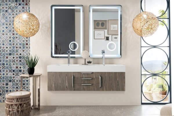 James Martin 389-V59D-AGR-A-GW Mercer Island 59 Inch Double Vanity in Ash Gray with Glossy White Solid Surface Top