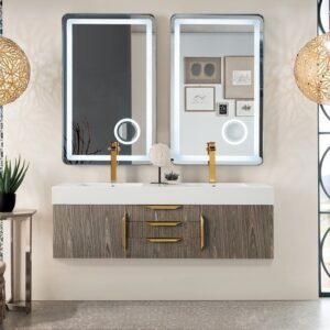 James Martin 389-V59D-AGR-G-GW Mercer Island 59 Inch Double Vanity in Ash Gray, Radiant Gold with Glossy White Solid Surface Top