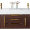 James Martin 389-V59D-CFO-G-GW Mercer Island 59 Inch Double Vanity in Coffee Oak, Radiant Gold with Glossy White Solid Surface Top