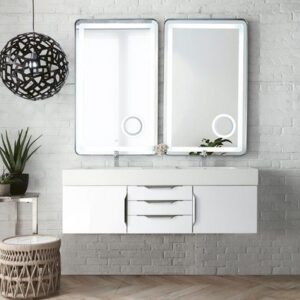 James Martin 389-V59D-GW-A-DGG Mercer Island 59 Inch Double Vanity in Glossy White with Glossy Dark Gray Solid Surface Top