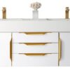 James Martin 389-V59D-GW-G-DGG Mercer Island 59 Inch Double Vanity in Glossy White, Radiant Gold with Glossy Dark Gray Solid Surface Top