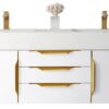 James Martin 389-V59D-GW-G-GW Mercer Island 59 Inch Double Vanity in Glossy White, Radiant Gold with Glossy White Solid Surface Top