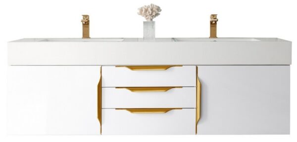 James Martin 389-V59D-GW-G-GW Mercer Island 59 Inch Double Vanity in Glossy White, Radiant Gold with Glossy White Solid Surface Top