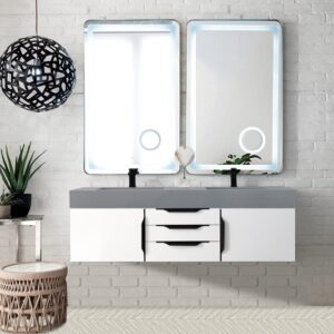 James Martin 389-V59D-GW-MB-DGG Mercer Island 59 Inch Double Vanity Cabinet with Dusk Grey Glossy Composite Top - Glossy White