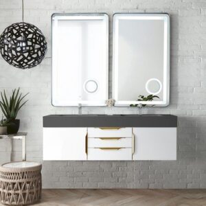 James Martin 389-V59D-GW-G-GW Mercer Island 59 Inch Double Vanity in Glossy White, Radiant Gold with Glossy White Solid Surface Top