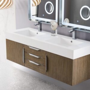 James Martin 389-V59D-LTO-A-GW Mercer Island 59 Inch Double Vanity in Latte Oak with Glossy White Solid Surface Top