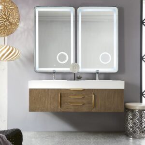 James Martin 389-V59D-LTO-G-GW Mercer Island 59 Inch Double Vanity in Latte Oak, Radiant Gold with Glossy White Solid Surface Top