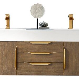 James Martin 389-V59D-LTO-G-GW Mercer Island 59 Inch Double Vanity in Latte Oak, Radiant Gold with Glossy White Solid Surface Top