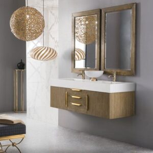 James Martin 389-V59D-LTO-G-GW Mercer Island 59 Inch Double Vanity in Latte Oak, Radiant Gold with Glossy White Solid Surface Top