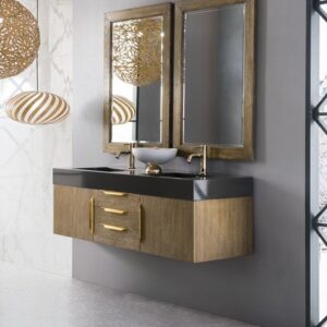 James Martin 389-V59D-LTO-G-GW Mercer Island 59 Inch Double Vanity in Latte Oak, Radiant Gold with Glossy White Solid Surface Top