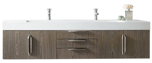 James Martin 389-V72D-AGR-A-GW Mercer Island 72 Inch Double Vanity in Ash Gray with Glossy White Solid Surface Top