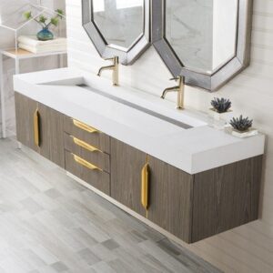 James Martin 389-V72D-AGR-G-GW Mercer Island 72 Inch Double Vanity in Ash Gray, Radiant Gold with Glossy White Solid Surface Top