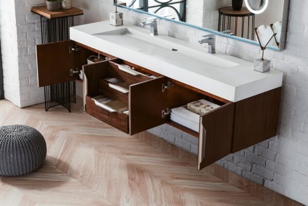 James Martin 389-V72D-CFO-A-GW Mercer Island 72 Inch Double Vanity in Coffee Oak with Glossy White Solid Surface Top